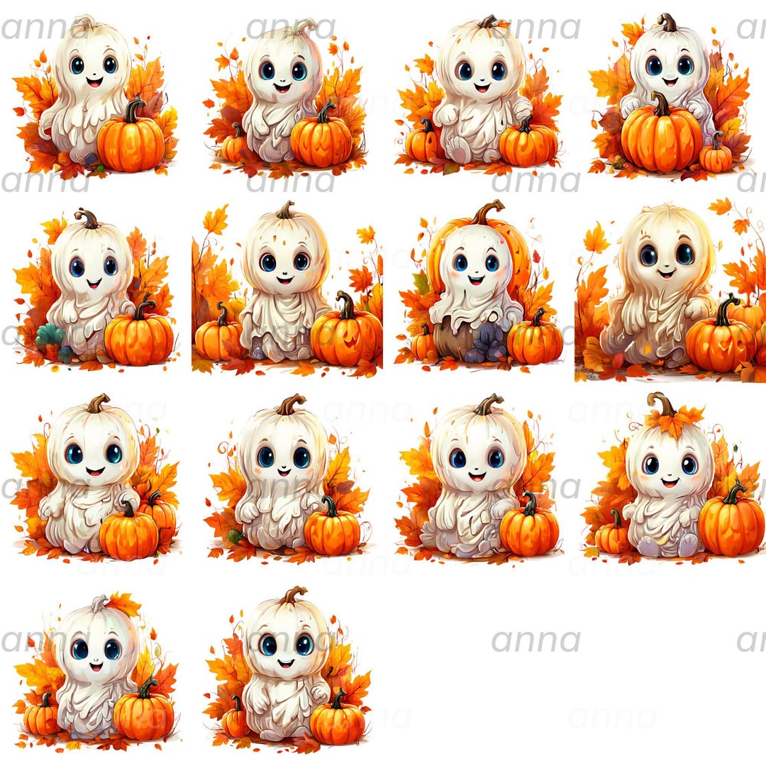 14 PNG Cute Ghost and Pumpkin Fall Clipart - Instant Download ...