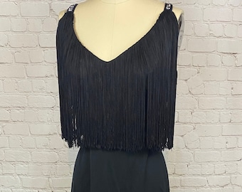 Vintage Fringe 70s Black Polyester Maxi Dress Medium