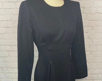 Vintage Black Button Front Long Sleeve Polyester Dress Small Medium