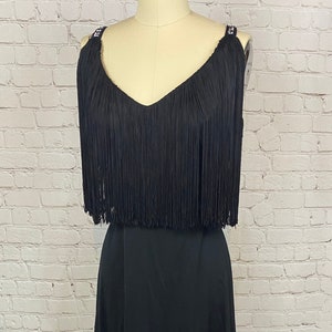Vintage Fringe 70s Black Polyester Maxi Dress Medium