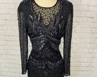 BEAUTIFUL Vintage Black Silk Beaded Sheer Gown Dress Small Medium