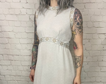 Vintage Metallic Silver Grecian 70s Maxi Formal Dress Medium