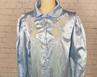 Vintage 80S Vanity Fair Baby Blue Satin Bow Nightgown Robe Small Medium