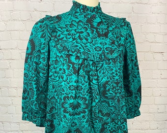 Vintage 80s Teal & Black Asymmetrical Ruffle A-Line Floral Dress Small Medium