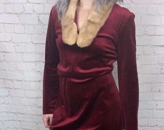 Vintage 70s Red Velvet Fur Collared Dress Small Medium