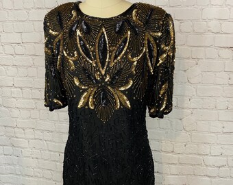 Stunning Vintage 60s Black Silk Gold Sequin Dress Small Medium