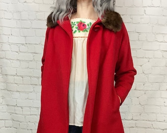 Vintage red wool fur trimmed 60s Swing coat Small Medium