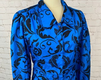 Vintage 80s Royal Blue Floral Puff Sleeve Blouse Small Medium