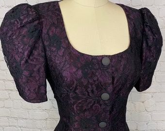 Vintage 80s Purple Lace Puffed Sleeve Formal Corset Top Small Medium