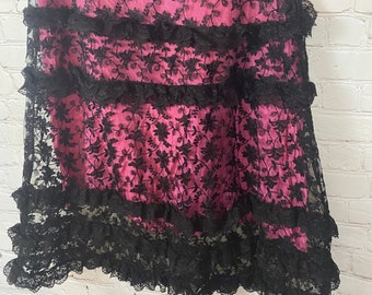 Vintage 90s Hot Pink Black Lace Tiered Skirt Medium Large