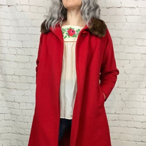 Vintage red wool fur trimmed 60s Swing coat Small Medium