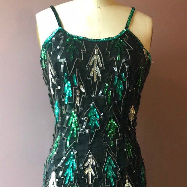 Emerald green & black zigzag Holly leaf Vintage Sequin Dress Small