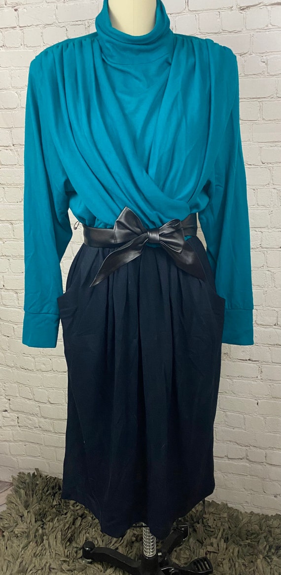 Vintage 80s Teal & Black Knit Draped Wrap dress Sm