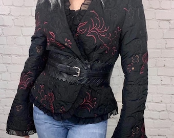 Vintage Black Quilted Victorian Ruffle Jacket Coat Small Medium
