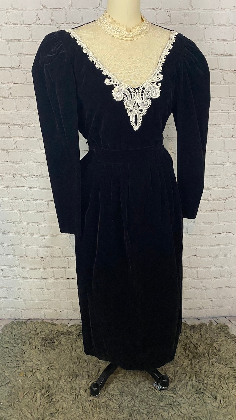 Vintage 80s Black Velvet Puff Sleeve 2 piece Gothic Skirt Set Medium Large image 1