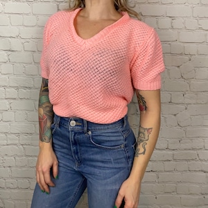 Bright pink Vintage 80s V neck Textured Sweater Top Medium