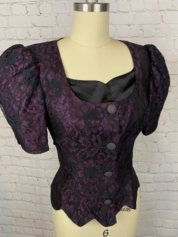 Vintage 80s Purple Lace Puffed Sleeve Formal Cors… - image 2