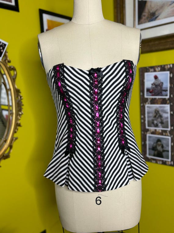 RagLuxe Black Striped Pink Ribbon Bustier Top