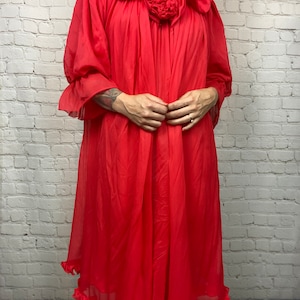 Vintage Bright Red 70s Pinup Nylon Ruffle Nightgown & Robe Set One Size