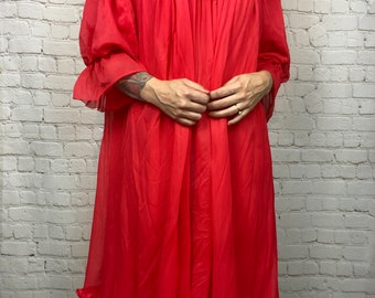 Vintage Bright Red 70s Pinup Nylon Ruffle Nightgown & Robe Set One Size