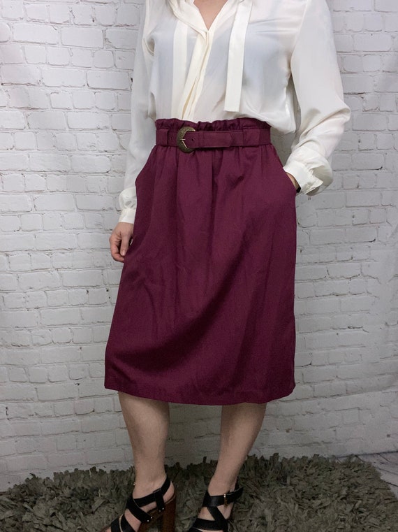 Vintage 80s Maroon Paperbag Belted Pencil Skirt M… - image 4