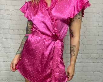 Vintage 80s Pink Polkadot Silky Ruffle Wrap Dress Robe Small Medium