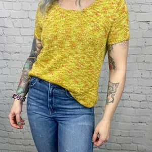 Vintage Yellow Heathered Scoop Neck 70s Textured Sweater Top Medium