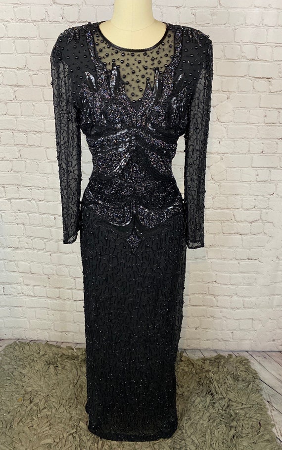 BEAUTIFUL Vintage Black Silk Beaded Sheer Gown Dress Small