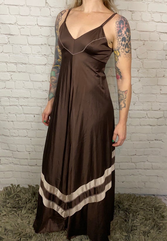 Vintage 70s chevron Maxi Nylon Slip Dress Small