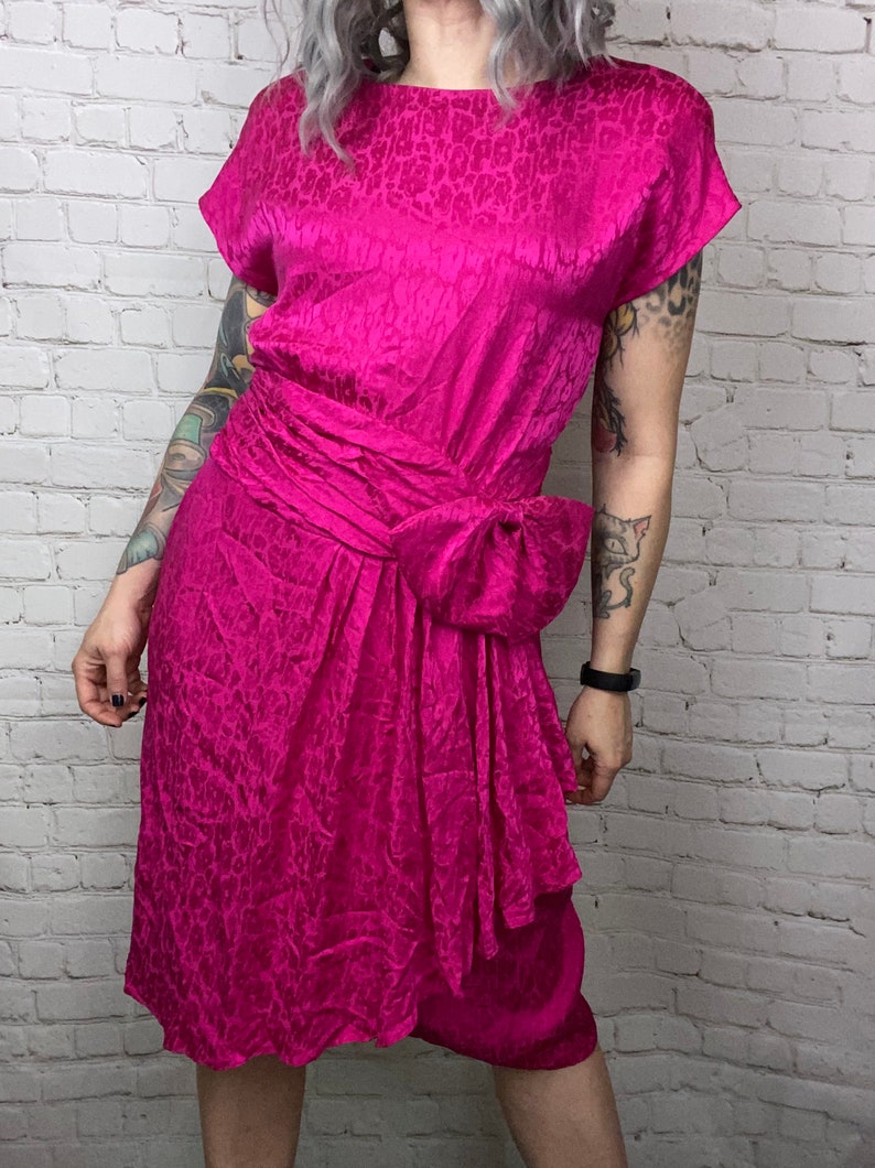 Vintage Fuchsia Pink Leopard Silk Cutout Dress Small Medium image 5