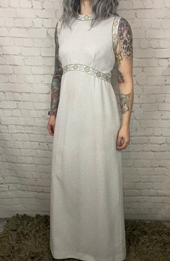 Vintage metallic Grecian 70s maxi Formal Dress Med