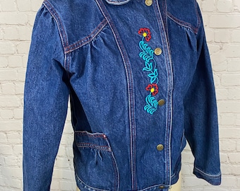 Vintage 80s Embroidered Denim Puff Sleeve Denim Jean Jacket Small Medium