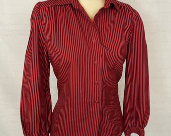 Vintage 80s 70s Red Striped Puff Sleeve Blouse Top Small Medium