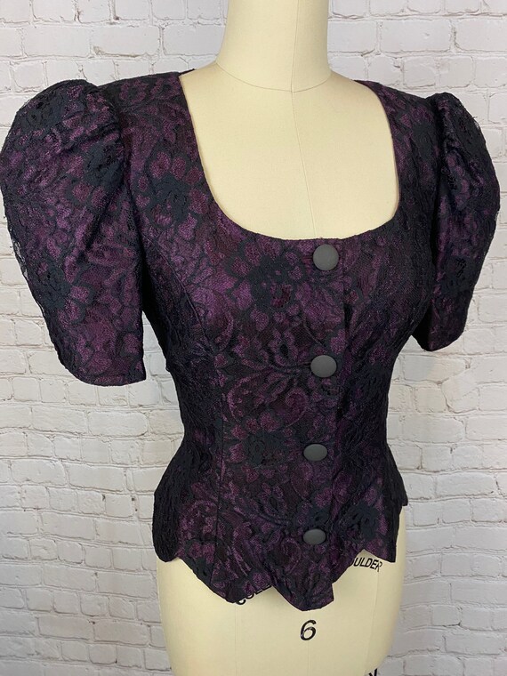 Vintage 80s Purple Lace Puffed Sleeve Formal Cors… - image 1