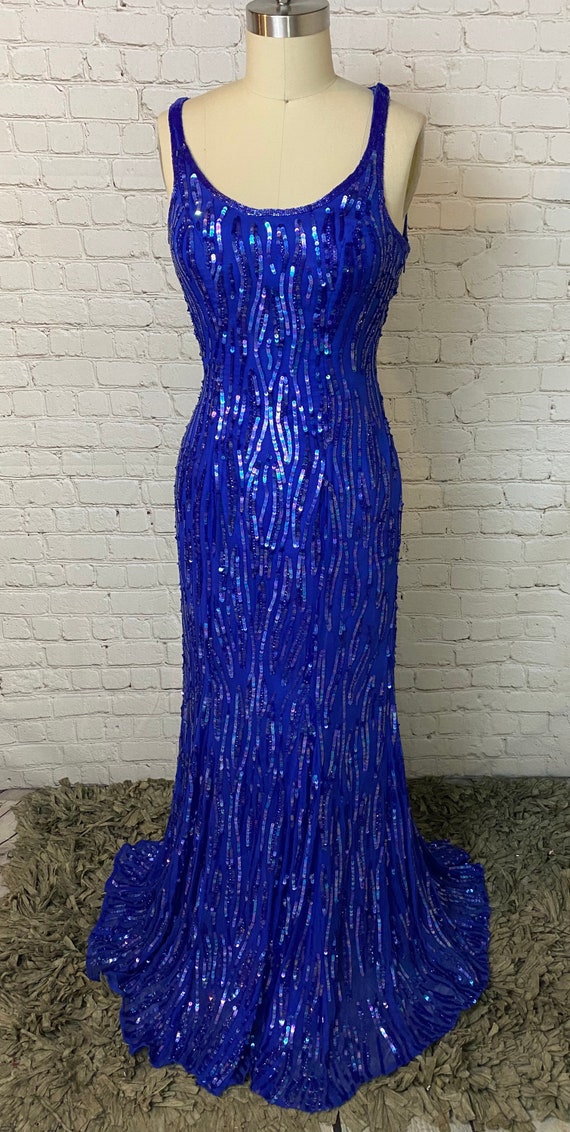 Royal blue silk Vintage Sequin bombshell Gown Dres
