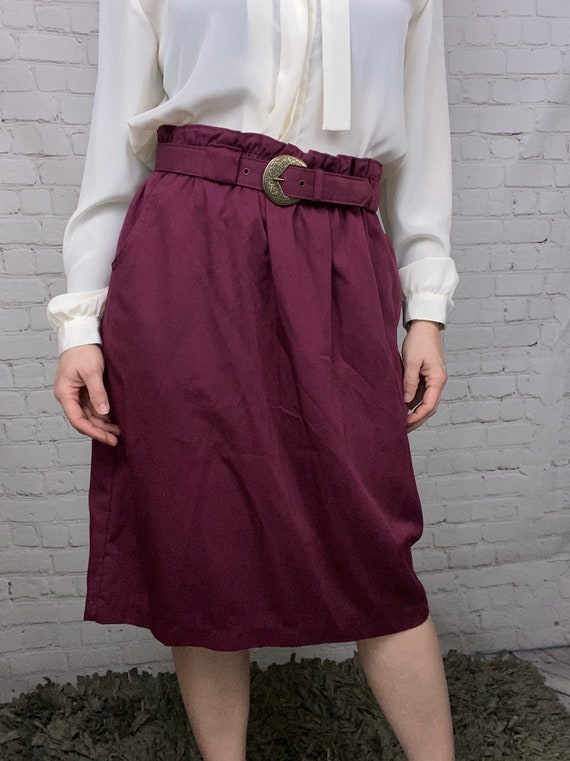 Vintage 80s Maroon Paperbag Belted Pencil Skirt M… - image 2