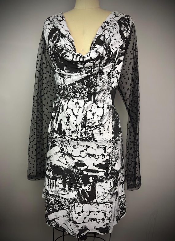 RagLuxe White Knit Cowl Neck Sheer Sleeve Dress