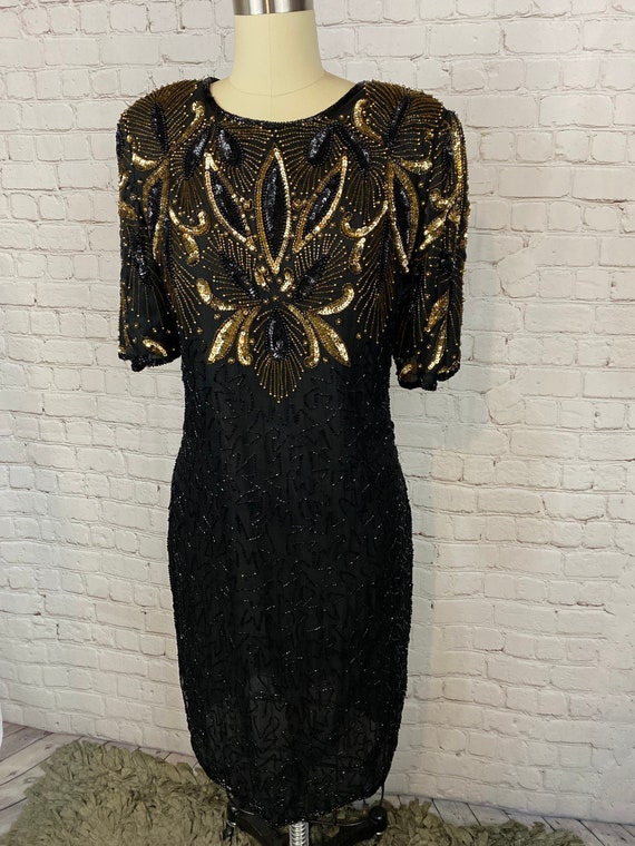 Stunning Vintage 60s Black Silk Gold Sequin Dress 