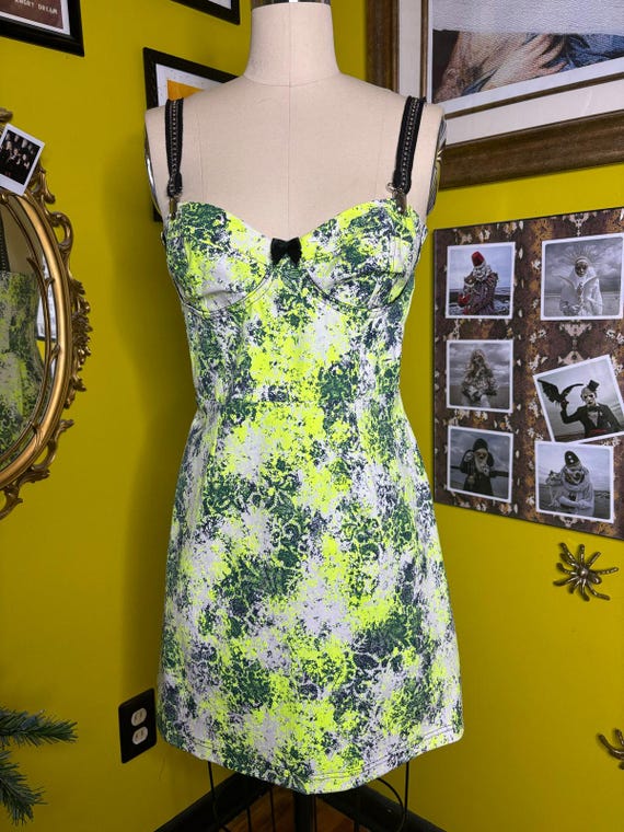 RagLuxe Neon Yellow Abstract Bustier Corset Dress