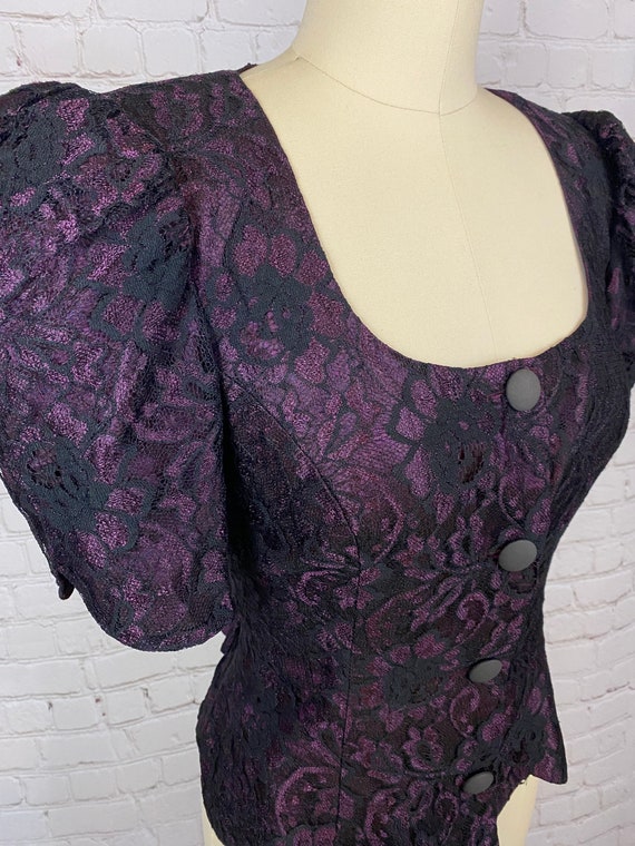 Vintage 80s Purple Lace Puffed Sleeve Formal Cors… - image 4