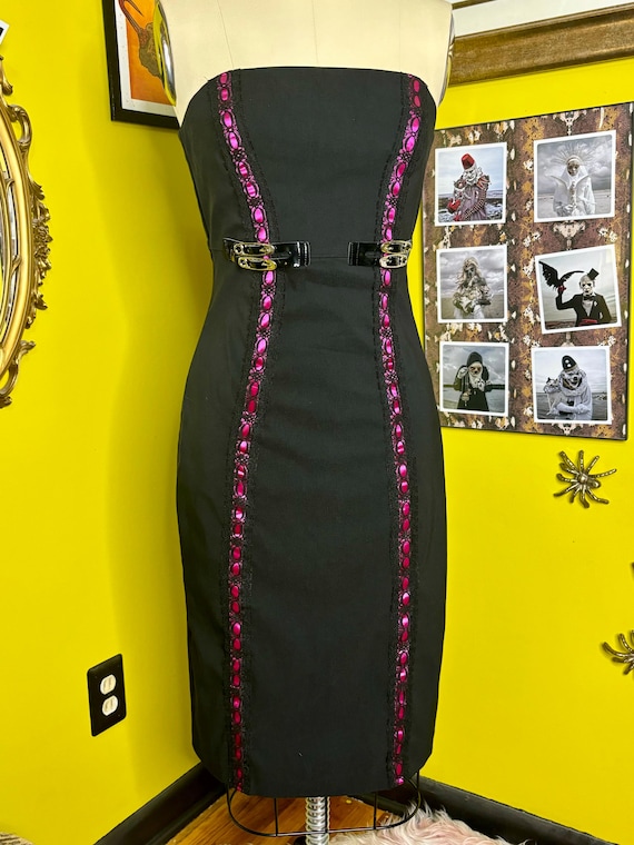 RagLuxe Black Neon Pink Buckle Bodycon Dress