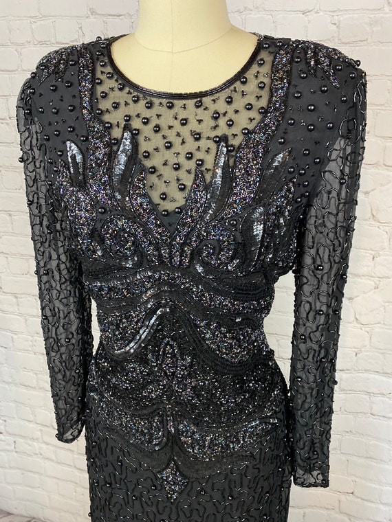 パーティードレス Black Beaded Silk Dress 80s Vintage Black Silk Beaded Cocktail Dress / Elegant Party