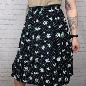 Vintage Black Polkadot Pleated Floral Skirt Small Medium