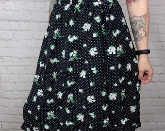 Vintage Black Polkadot Pleated Floral Skirt Small Medium