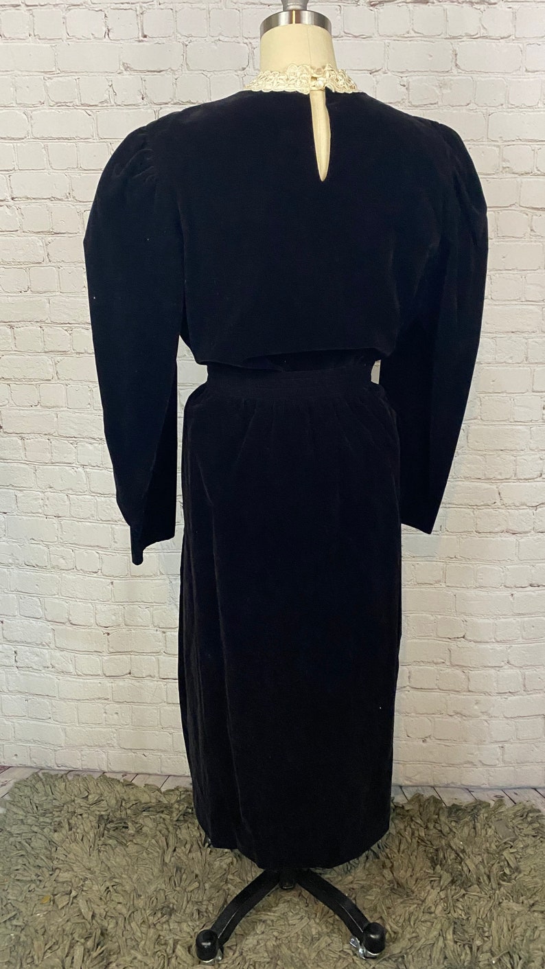 Vintage 80s Black Velvet Puff Sleeve 2 piece Gothic Skirt Set Medium Large image 4