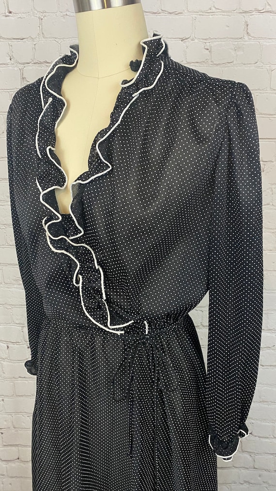 Vintage Black Ruffled Polkadot Long Sleeve Polyes… - image 2