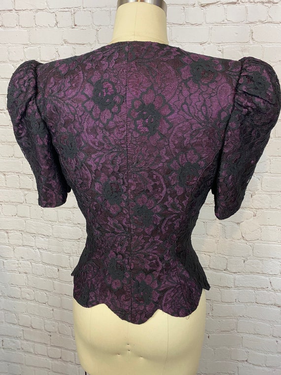 Vintage 80s Purple Lace Puffed Sleeve Formal Corset Top Small Medium 