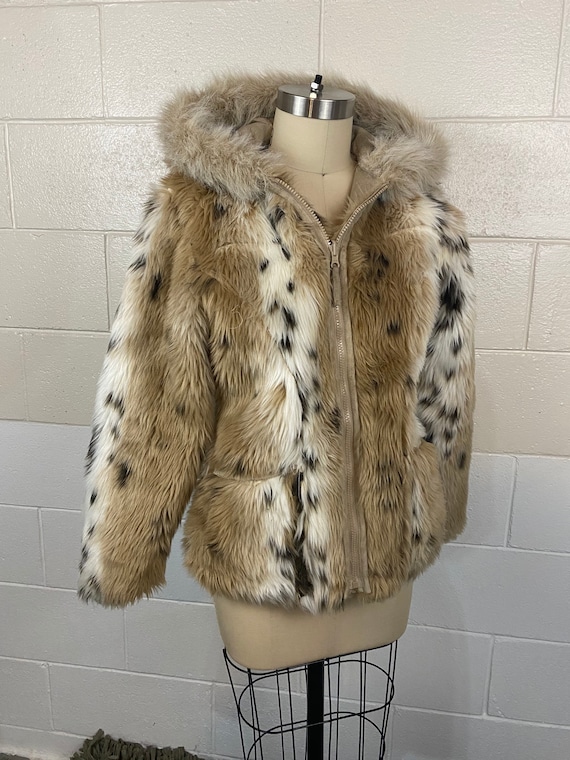 Vintage 70s Leopard Monster Fur Hooded Coat Small