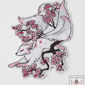 Cherry Blossom Fox Kitsune Embroidered Applique Patch Iron on or Sew on