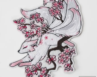 Large Embroidered Cherry Blossom Fox Kitsune Applique Patch Iron on or Sew on